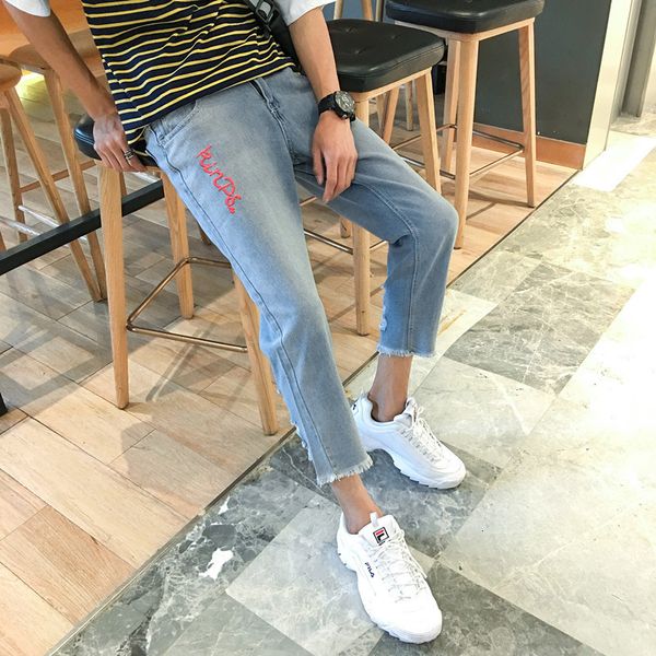 

men's jeans wholesale fashion street embroidered pants men's summer slim denim feet korean casual stretch thin s57w, Blue