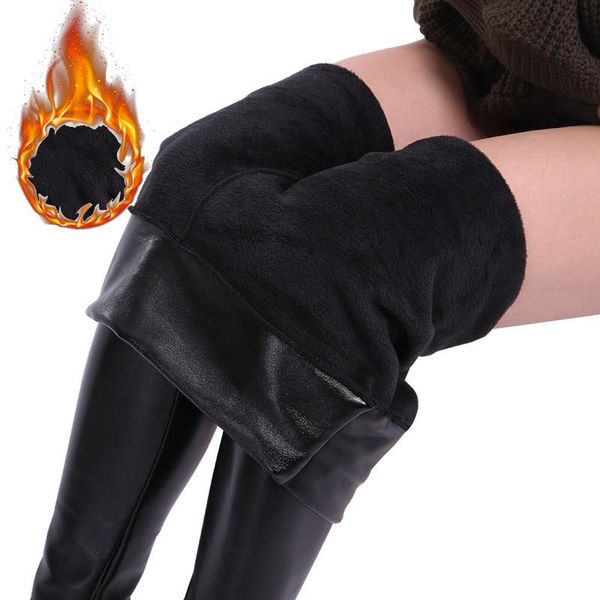 

women's leggings winter plus size leather women pants high waist warm thick velvet leggins push up legging, Black