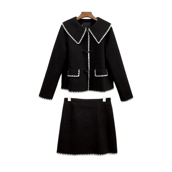 

two piece dress perhaps u women black white brown faux woolen horn button mini skirt pencil 2 pieces set elegant winter t0310