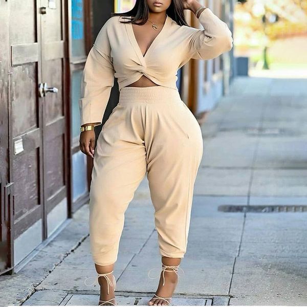 

women's two piece pants s-xxxl summer women casual plus size v neck long sleeve solid color suit sets twisted crop & high waist set, White