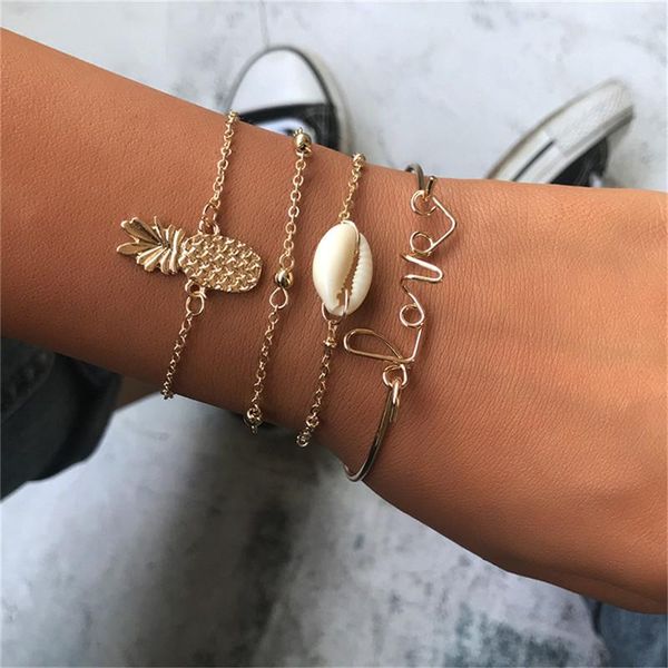 

charm bracelets 4 pcs/set vintage shell pineapple love letter bracelt for women gold bracelet fashion jewelry gifts, Golden;silver