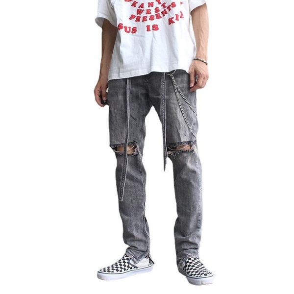 

knee hole destroyed denim jeans mens vintage washed slim biker with long belt fashion streetwear hip hop pants joggers men's, Blue