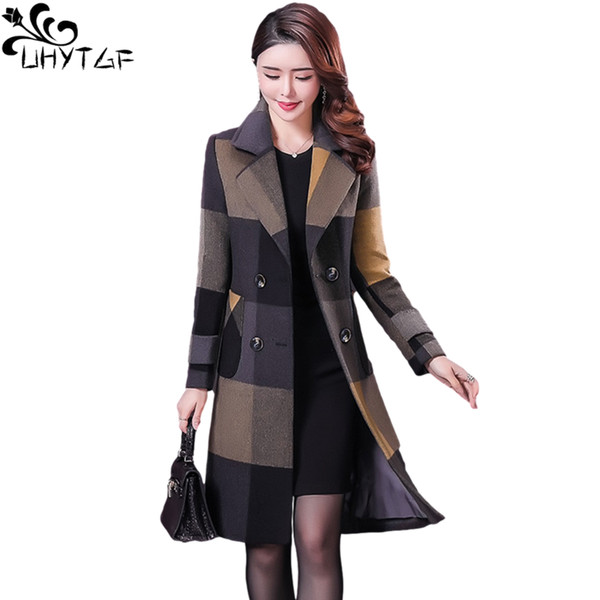 

women's wool & blends uhytgf fashion autumn winter women plaid blazers jacket double breasted woolen coat female plus size outerwear 94, Black