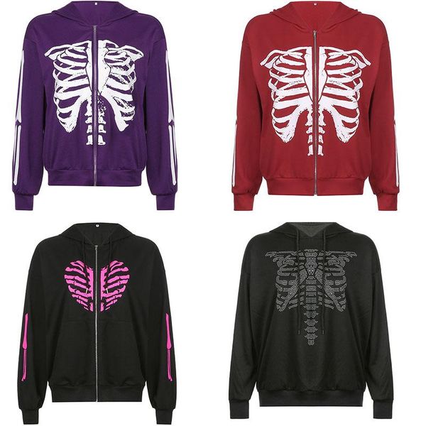 

women's hoodies & sweatshirts winter zip up skeleton korean fashion gothic clothes emo grunge goth fairy hoodie y2k sudaderas women, Black