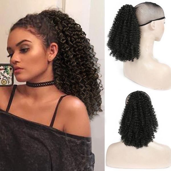 

synthetic wigs werd afro kinky curly ponytail human hair remy ombre brazilian wrap around drawstring clip in, Black