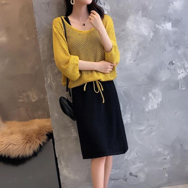 

two piece dress summer hollow two-piece knitted shirt suit women's fashion bat girl thin, White