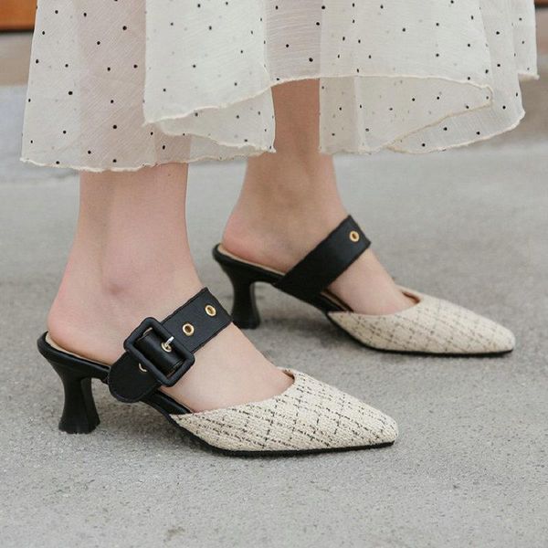 

sianie tianie 2021 summer plaid checked gingham fashion woman high heels slides mules big size 33-48 buckle strap women sandals, Black