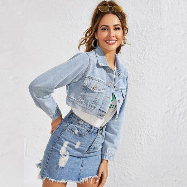 

women's jackets kalenmos women denim jacket fashion lapel ultra-short single-breasted long-sleeved versatile pocket stitching coat, Black;brown