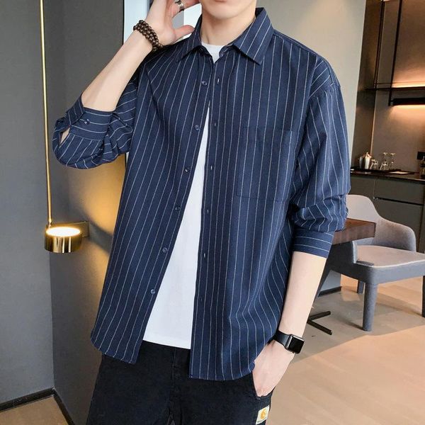 

men's casual shirts autumn shirt 2021 long sleeve loose striped coat, White;black