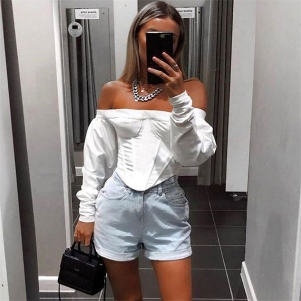 T-shirt da donna Tendenza moda Top Casual Manica lunga Slash Neck Off-the-Shoulder Party Skinny Slim Clothing 210522