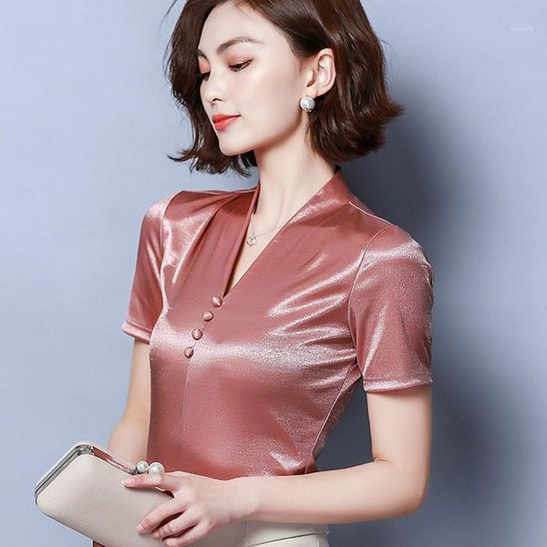 

women's blouses & shirts office lady elegant short blouse 2021 summer fashion v neck women slim fit plus size, White