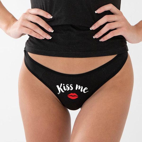 

women's panties red lips kiss me funny print underwear underpant brief female t-back g-string thongs for, Black;pink