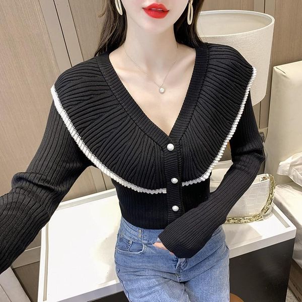 

women's knits & tees large lapel knit korean spring autumn v-neck long-sleeved slim short sweater coat sweet student jacket knitted car, White
