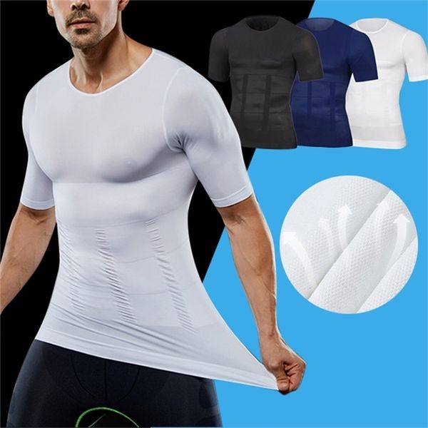 

men's slimming shaper posture corrector compression t-shirts tummy control body building fat burnning chest corset 210322, White;black