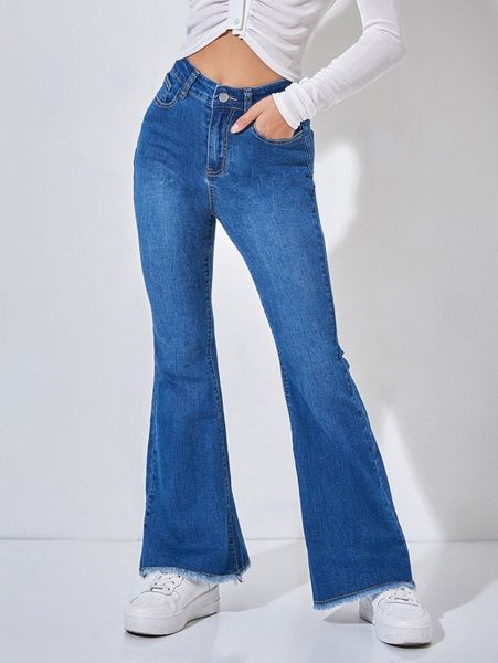 

petite high waist raw hem flare leg jeans f312#, Blue