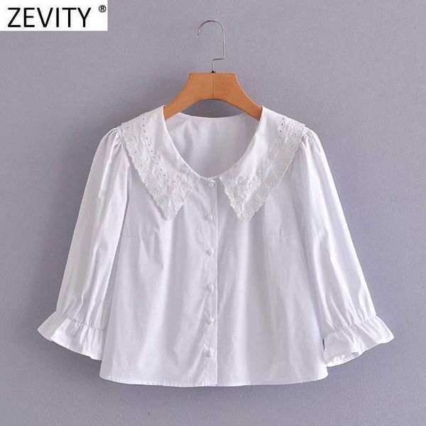 Zevidade mulheres moda oco out bordado curtir colarinho branco blusa lady pérola botão camisa chique ruffles blusas tops ls9226 210603