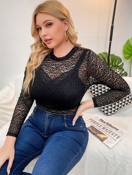 

plus leopard pattern mesh bodysuit without lingerie j8vm#, Black
