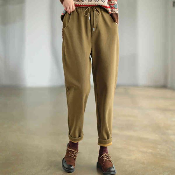

johnature winter leisure all-match harem pants elastic waist plush thickened loose comfortable women warm pants 210521, Black;white