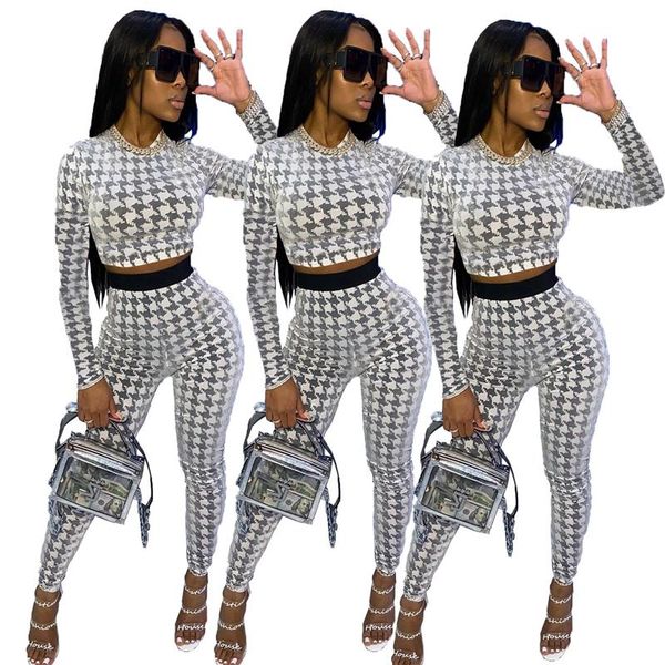 

women's two piece pants zkyzwx set long sleeve crop pencil fashion streetwear outfits fall clothing houndstooth matching sets, White