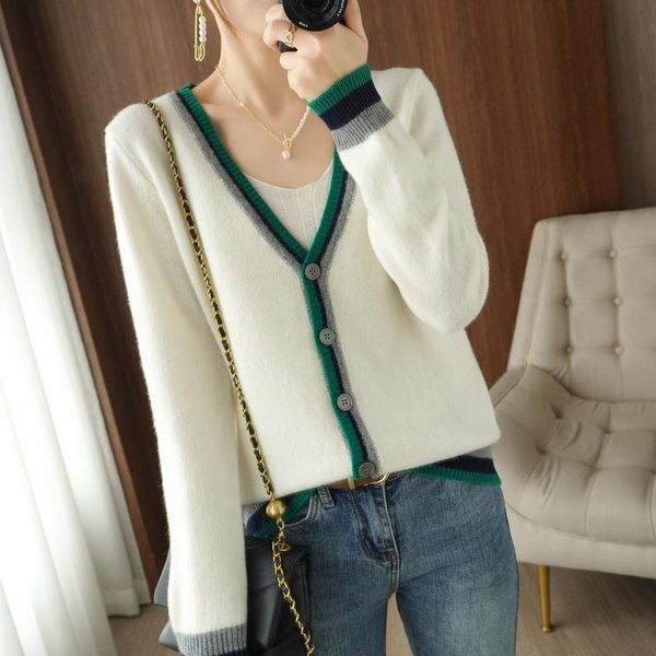 

women's knits & tees autumn 2021 v-neck cardigan knitted long sleeve color matching versatile thin coat, White