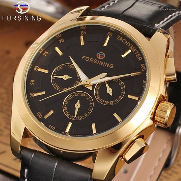 

forsining 2021 retro fashion designer three dial decoration genuine leather golden men automatic mechanical watches wristwatche wristwatches, Slivery;brown