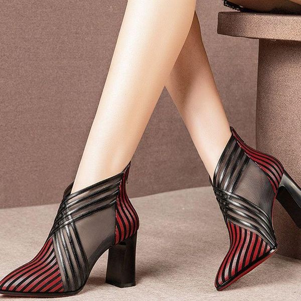 

boots woman stripe ankle 2021 summer women high heels women's mesh casual pointed toe boot ladies fashion female shoes, Black