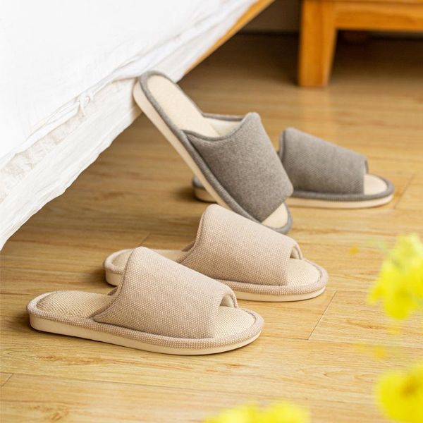 

2021 linen slippers women home floor flat shoes comfortable soft sole non-slip spring house indoor female men cotton slides, Black