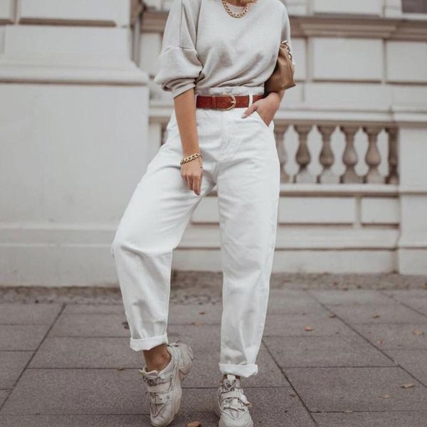 

korean style white jeans woman high waist casual straight leg denim pants all match mom for women black/blue women's