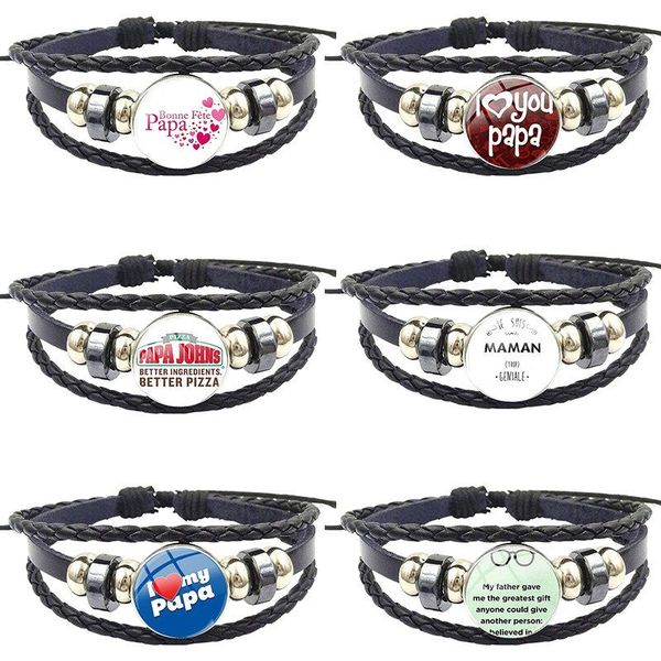 

charm bracelets je suis un papa genial for women handmade girls glass cabochon anime jewelry with black leather bracelet bangle, Golden;silver