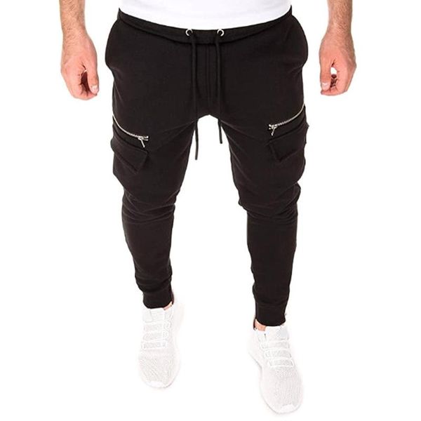 

men's pants streetwear men zip up pockets long casual solid color trousers slim fit sweatpants skinny joggers for, Black