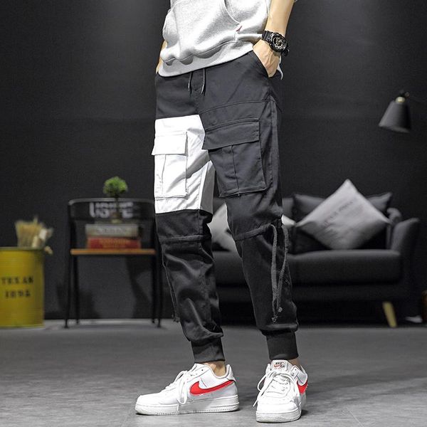 

camouflage jogger pants men cotton sweatpant male hip hop casual workout fitness patchwork ribbons man trousers men's, Black
