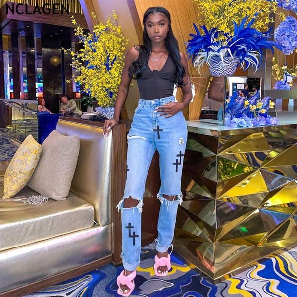 

women's jeans nclagen fashion print stylish ripped hole women pants harajuku streetwear aesthetic casual denim trousers vintage capris, Blue