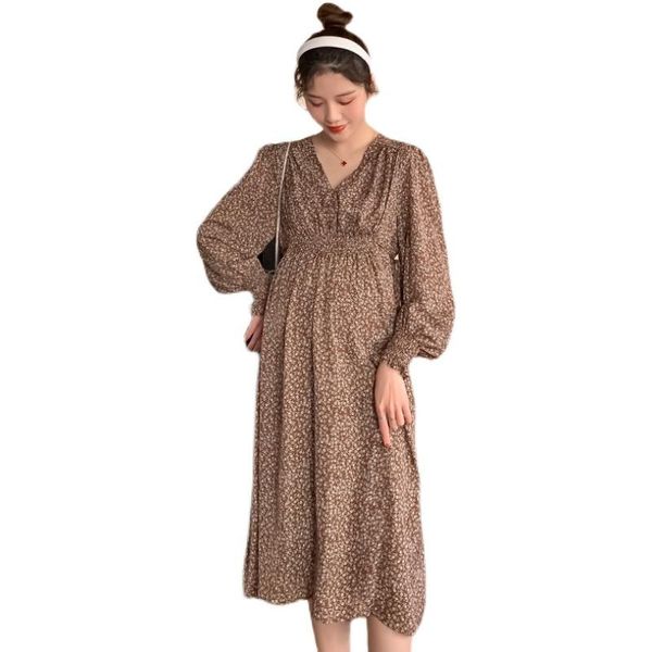 

maternity dresses 2021 spring autumn v-neck loose dress long lantern sleeve high waist pregnant woman chiffon sweet floral, White