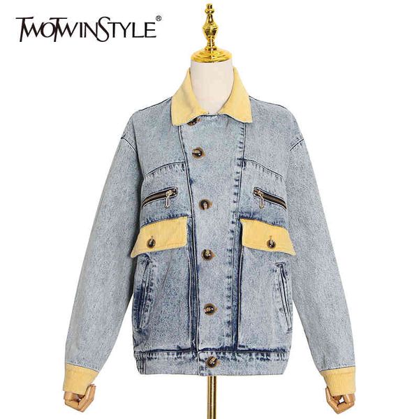 

hit color patchwork denim jacket for women lapel long sleeve casual female fashion clothing autumn 210524, Black;brown
