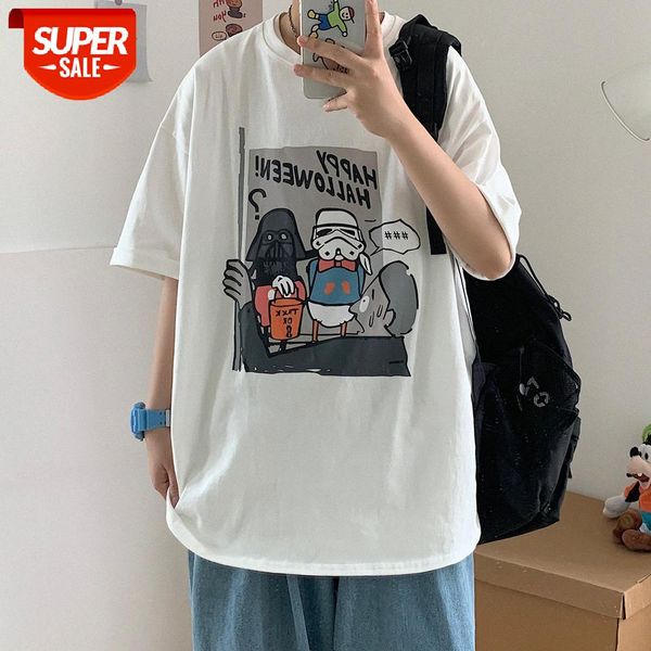 

hong kong style short-sleeved t-shirt men's loose plus fat size all-match student shirt #jc1f, White;black