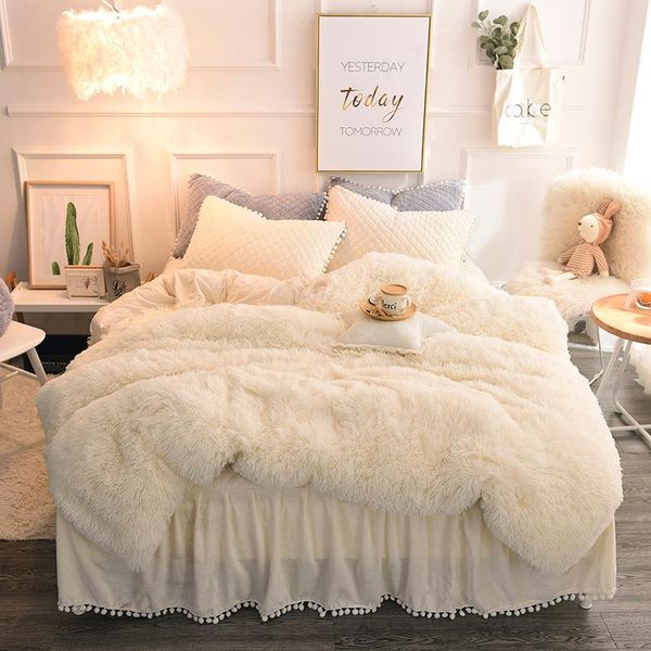 

luxury plush shaggy duvet cover set quilted pompoms fringe ruffles bedskirt pillow shams bedding twin full  king 4/6pcs sets
