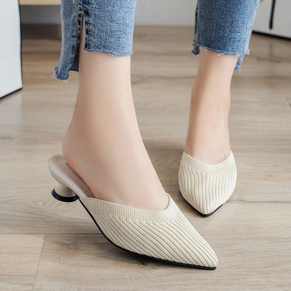 

slippers pointed mid heels women summer shoes sandals knitted elastic mesh slingback breathable mules shallow slides, Black