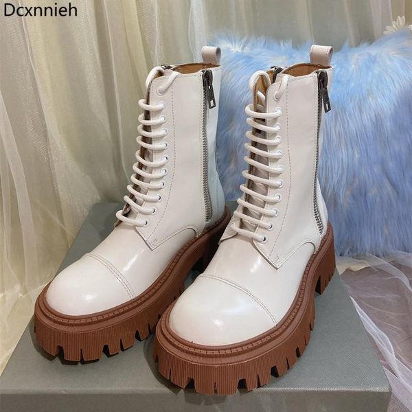 

boots runway thick sole round toe ankle women low heel zip motorcycle for woman lace up black brown knight