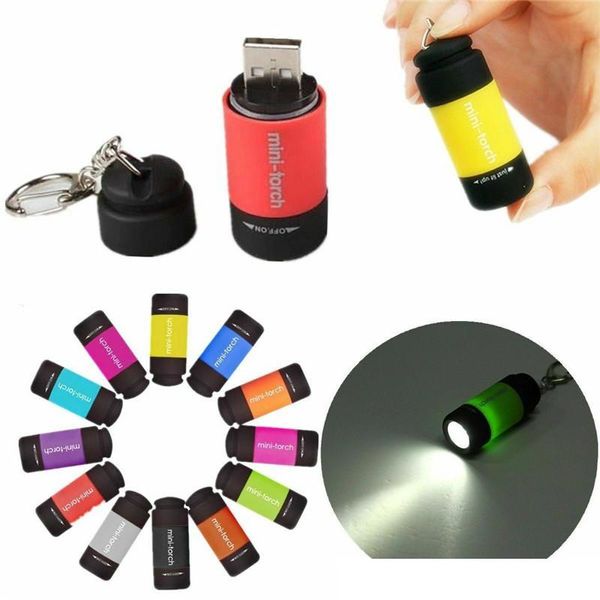 2021 wasserdichte USB Aufladbare LED Licht Taschenlampe Schlüsselanhänger Ring Lampe Tasche Tragbare Schlüsselbund Mini Taschenlampe 12 Farbe