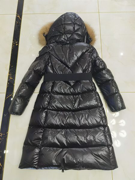 

monclair luxury france women's down jackets designer brand maya long fox fur collar slim mid-length thick fashion cold and warm jacket, Black