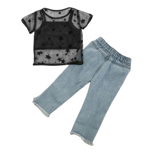 

clothing sets baby girls summer sweet cool cotton set mesh hole jeans hands feel soft protect skin children's fashion elements, White