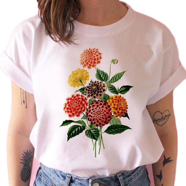 

women's t-shirt colorful flower fashion print ladies casual harajuku graphic short sleeve beauful tshirt, White