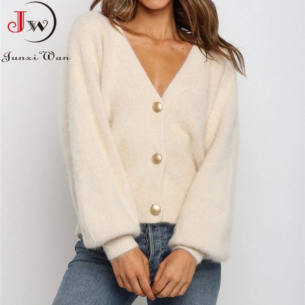 

women elegant long sleeve mohair sweater cardigan casual single-breasted short soft autumn winter knitted coat jumper pull femme 210510, White