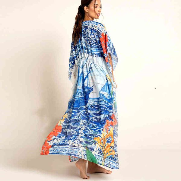 

casual dresses rayon cotton blue foral print kimono robe women blouse shirt side split summer maxi vestidos long bikini cover up 9weh, Black;gray