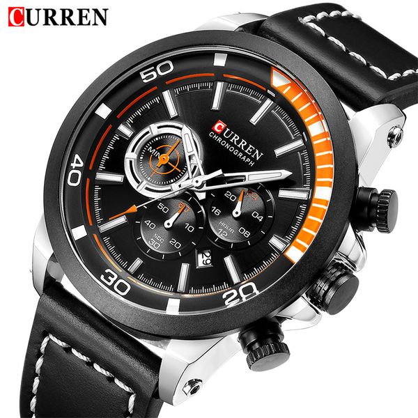 

curren watch men quartz chronograph sports watches mens military waterproof wristwatch male leather date clock relogio masculino 210517, Slivery;brown