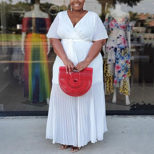 

casual dresses 4xl 5xl plus size white for women solid v neck high waisted ankle length pleated fashion elegant evening night vestidos, Black;gray