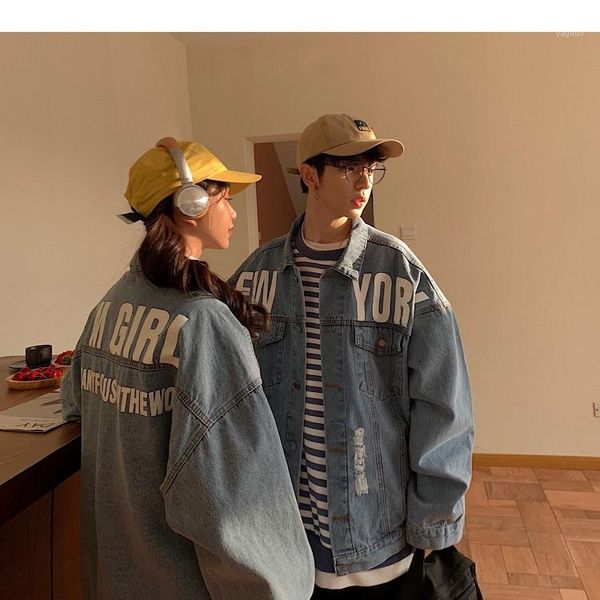 

hong kong style 2021 fashion couples autumn clothing harajuku bf wind hole denim jacket male loose printed men's jackets, Black;brown
