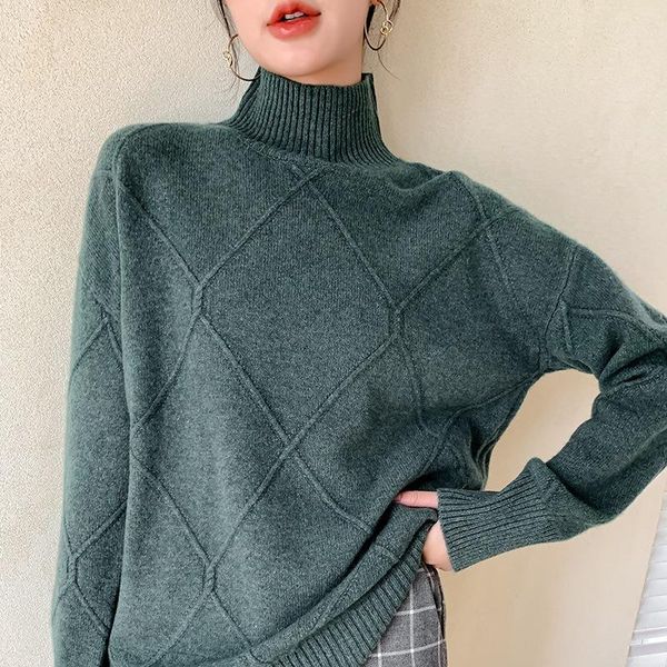 

women's sweaters women sweater 2021 high neck loose thick cashmere small diamond shaped wool knitted, White;black