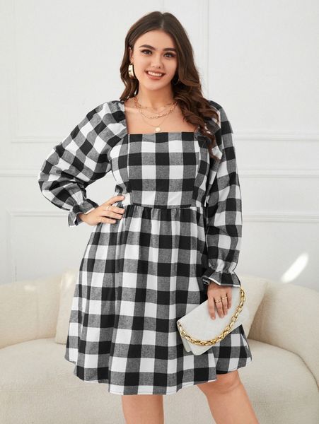 

plus buffalo plaid print square neck flounce sleeve dress f2z4#, Black