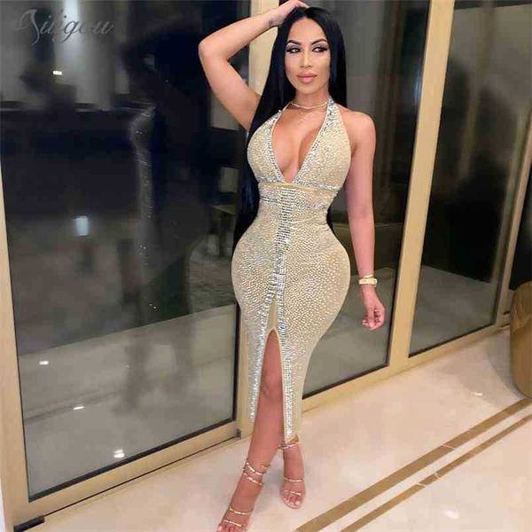 

summer ladies sleeveless v-neck fashion halter beaded see-through mesh bandage dress midi party 210525, Black;gray